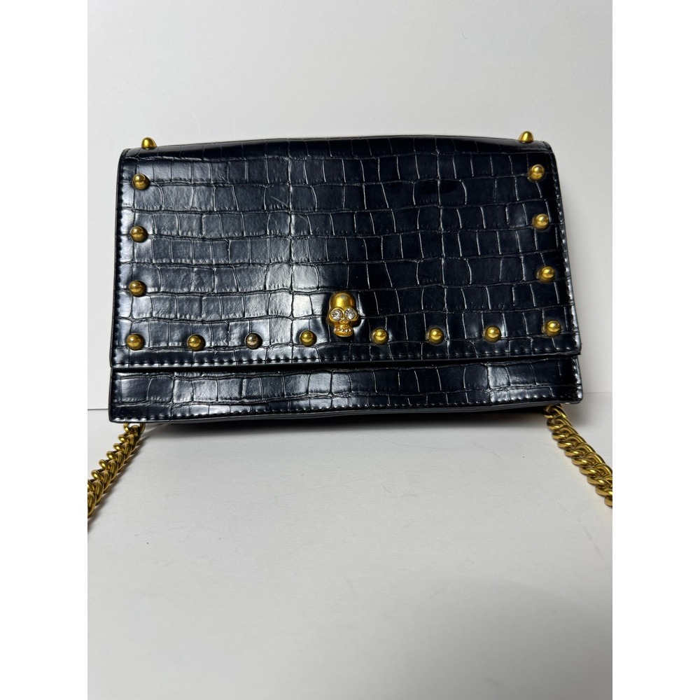 Like Dreams Black Croc Embossed Skull Studded Crossbody Bag Gold Hardware